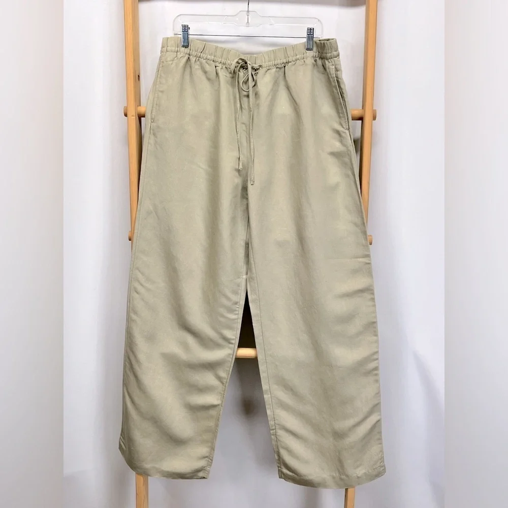H&M Khaki drawstring waist Linen blend wide leg pants size L.
